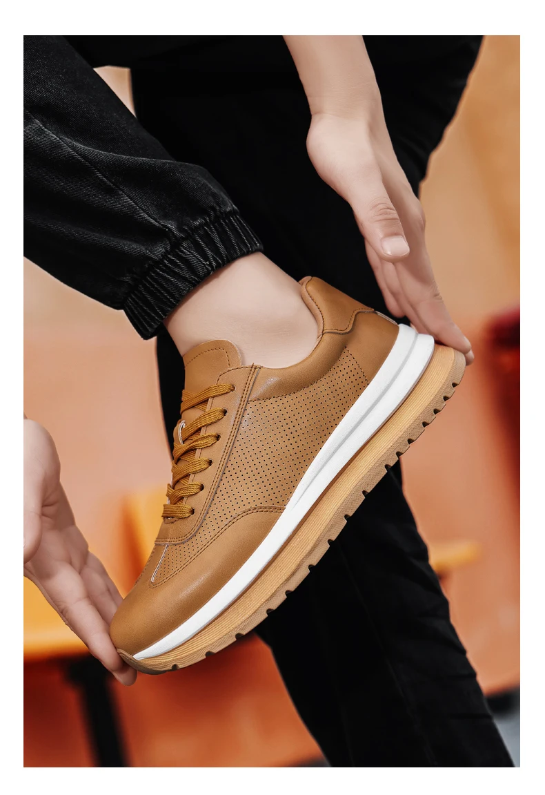 Spring Summer New Genuine Leather Leisure Style Breathable Mens Casual Shoes Round Toe Lace Up Platform Cowhide Sneakers