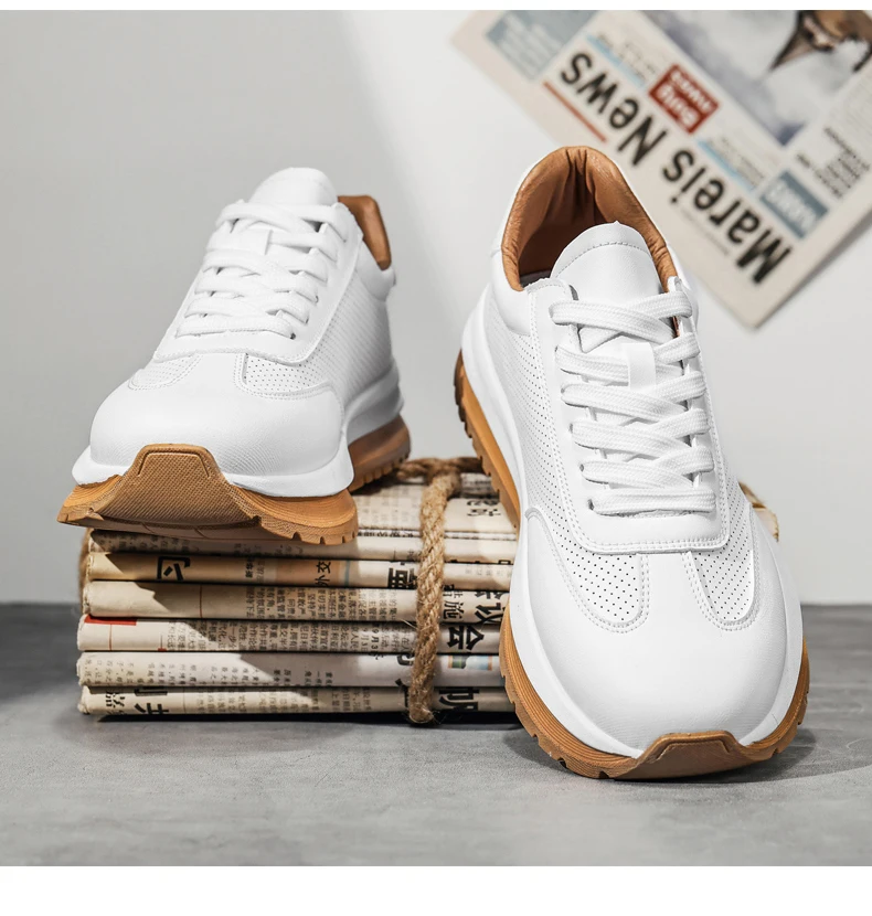 Spring Summer New Genuine Leather Leisure Style Breathable Mens Casual Shoes Round Toe Lace Up Platform Cowhide Sneakers