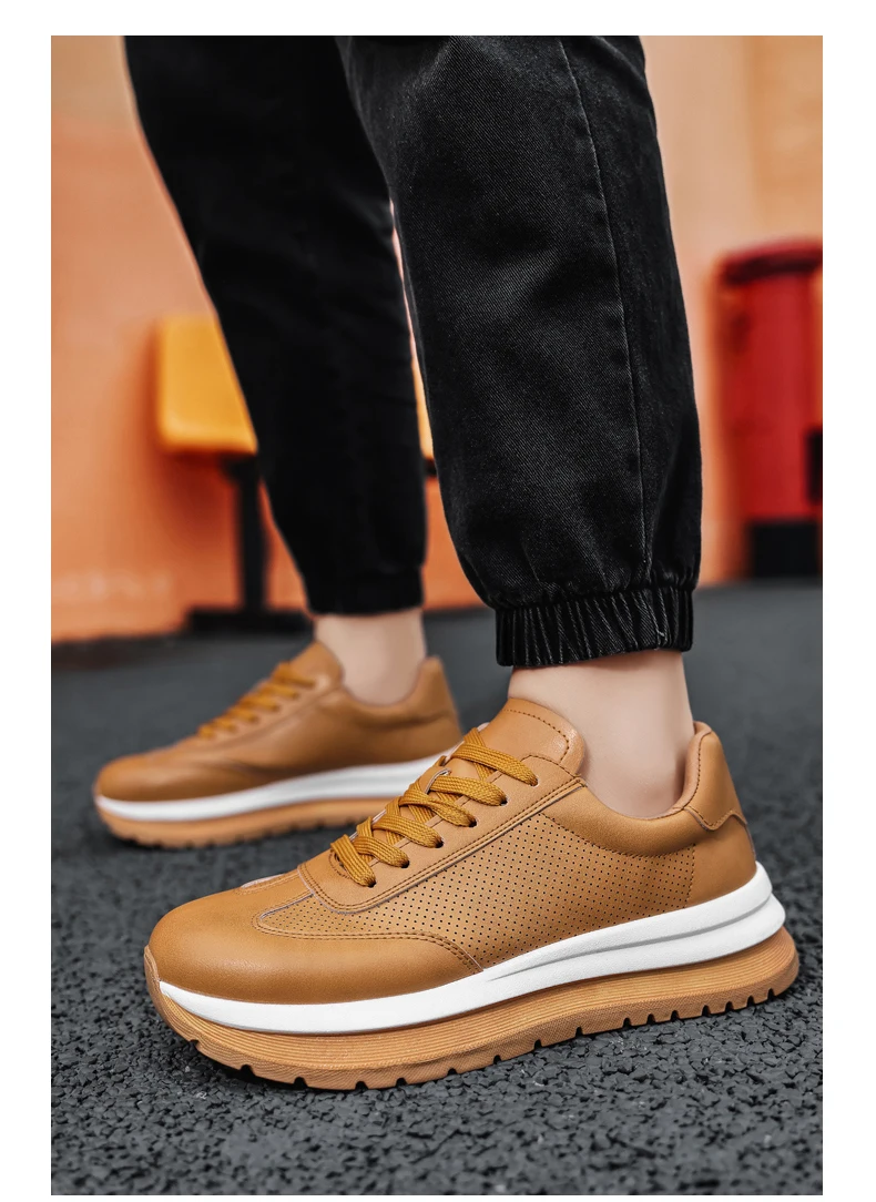 Spring Summer New Genuine Leather Leisure Style Breathable Mens Casual Shoes Round Toe Lace Up Platform Cowhide Sneakers