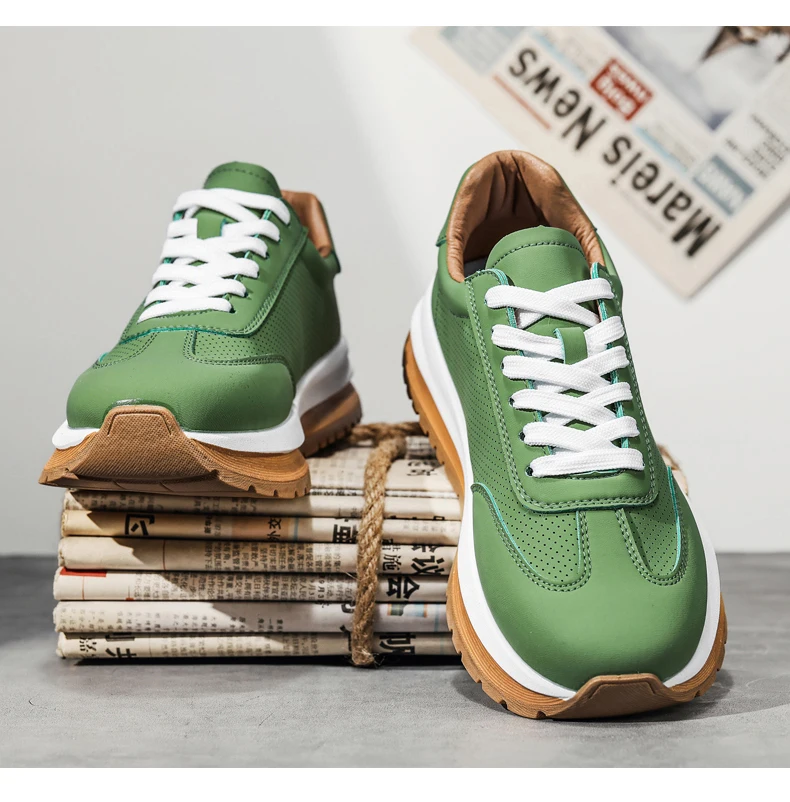 Spring Summer New Genuine Leather Leisure Style Breathable Mens Casual Shoes Round Toe Lace Up Platform Cowhide Sneakers