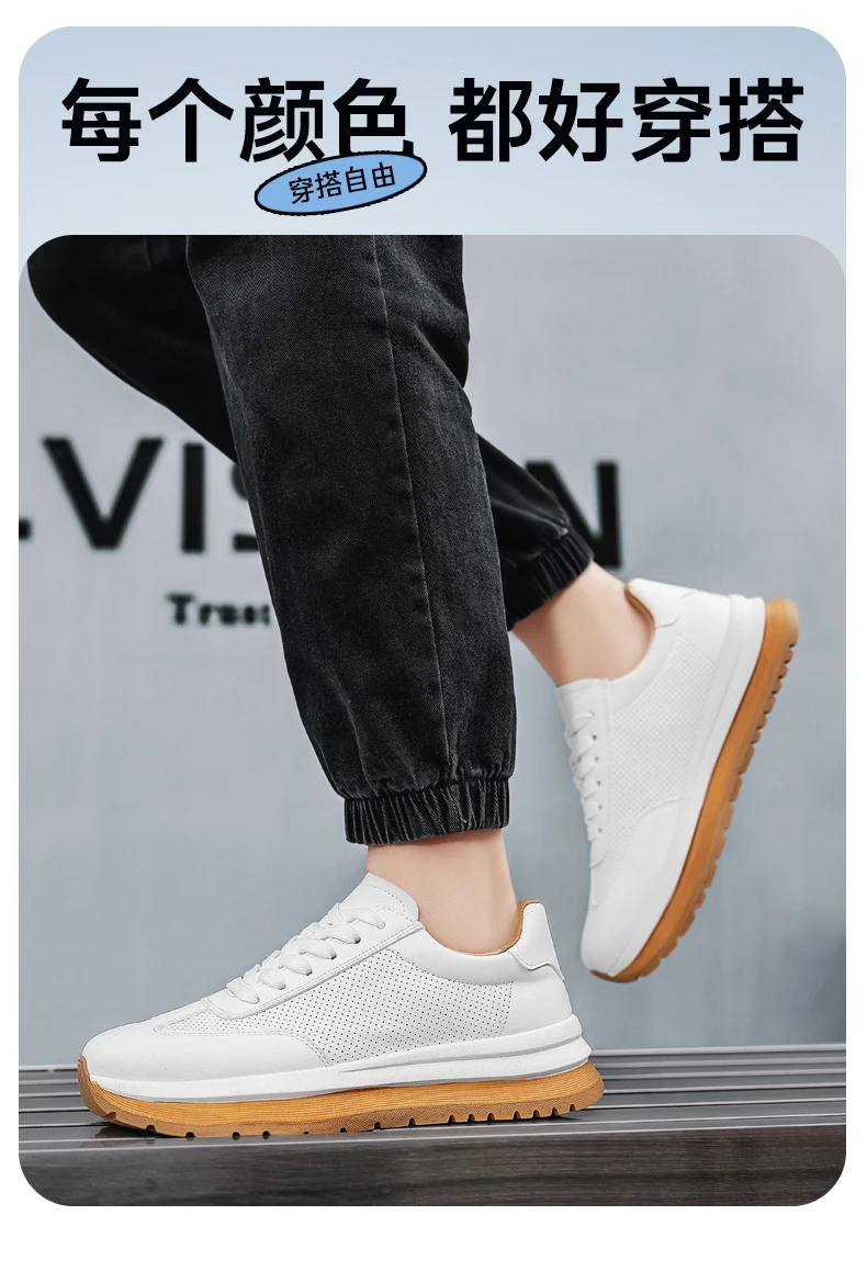 Spring Summer New Genuine Leather Leisure Style Breathable Mens Casual Shoes Round Toe Lace Up Platform Cowhide Sneakers