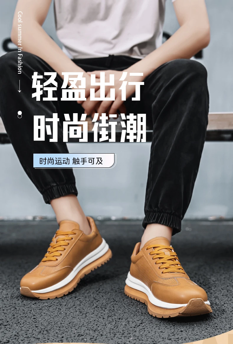 Spring Summer New Genuine Leather Leisure Style Breathable Mens Casual Shoes Round Toe Lace Up Platform Cowhide Sneakers