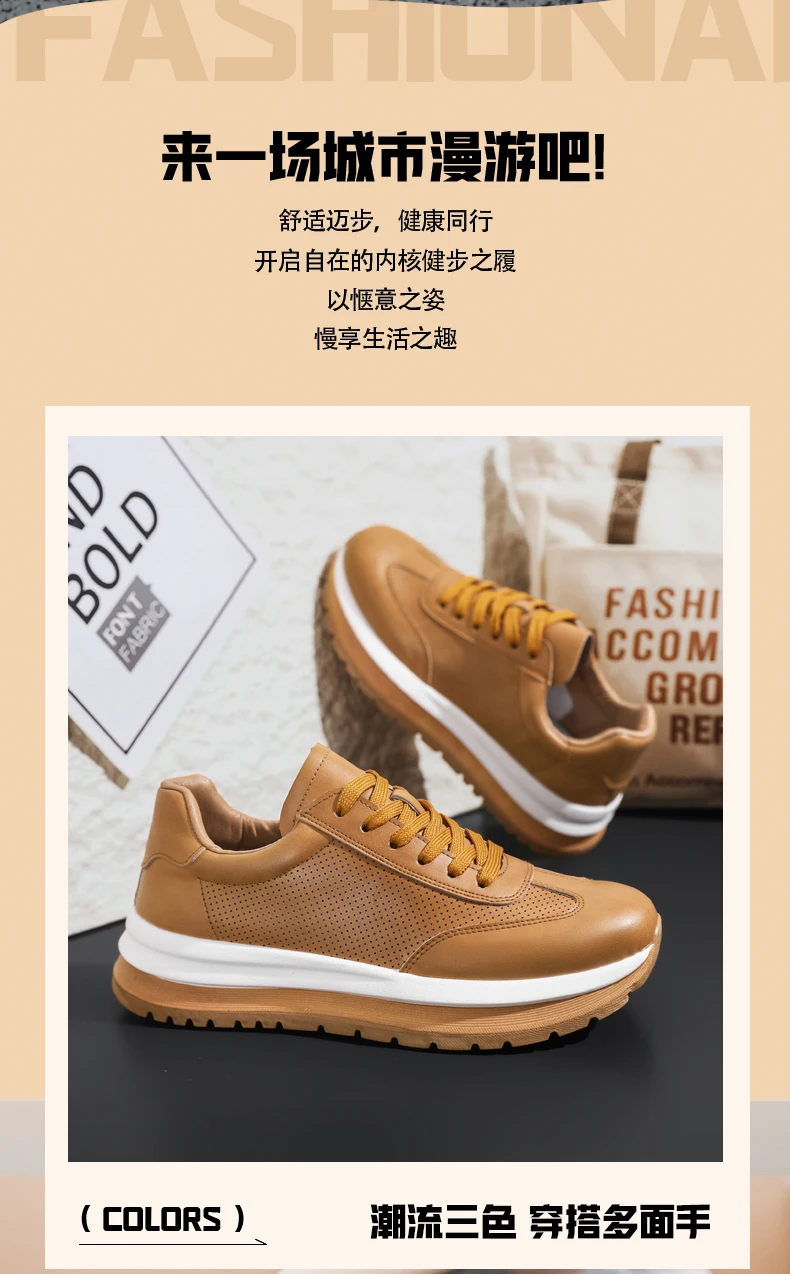 Spring Summer New Genuine Leather Leisure Style Breathable Mens Casual Shoes Round Toe Lace Up Platform Cowhide Sneakers
