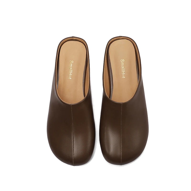 SmallHut New Trend Summer Split Leather Women Mules Fashion Lady Black Brown Low Heels Round Closed Toe Party Shoes Plus Size 43