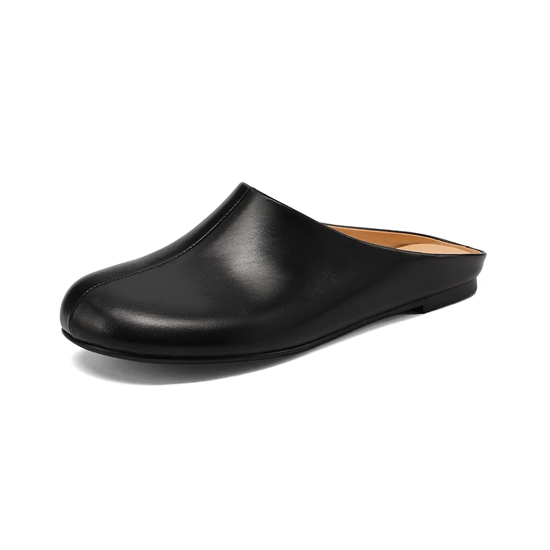 SmallHut New Trend Summer Split Leather Women Mules Fashion Lady Black Brown Low Heels Round Closed Toe Party Shoes Plus Size 43
