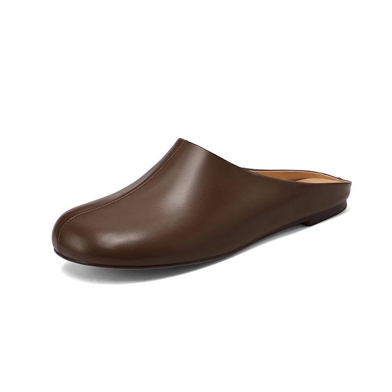 SmallHut New Trend Summer Split Leather Women Mules Fashion Lady Black Brown Low Heels Round Closed Toe Party Shoes Plus Size 43