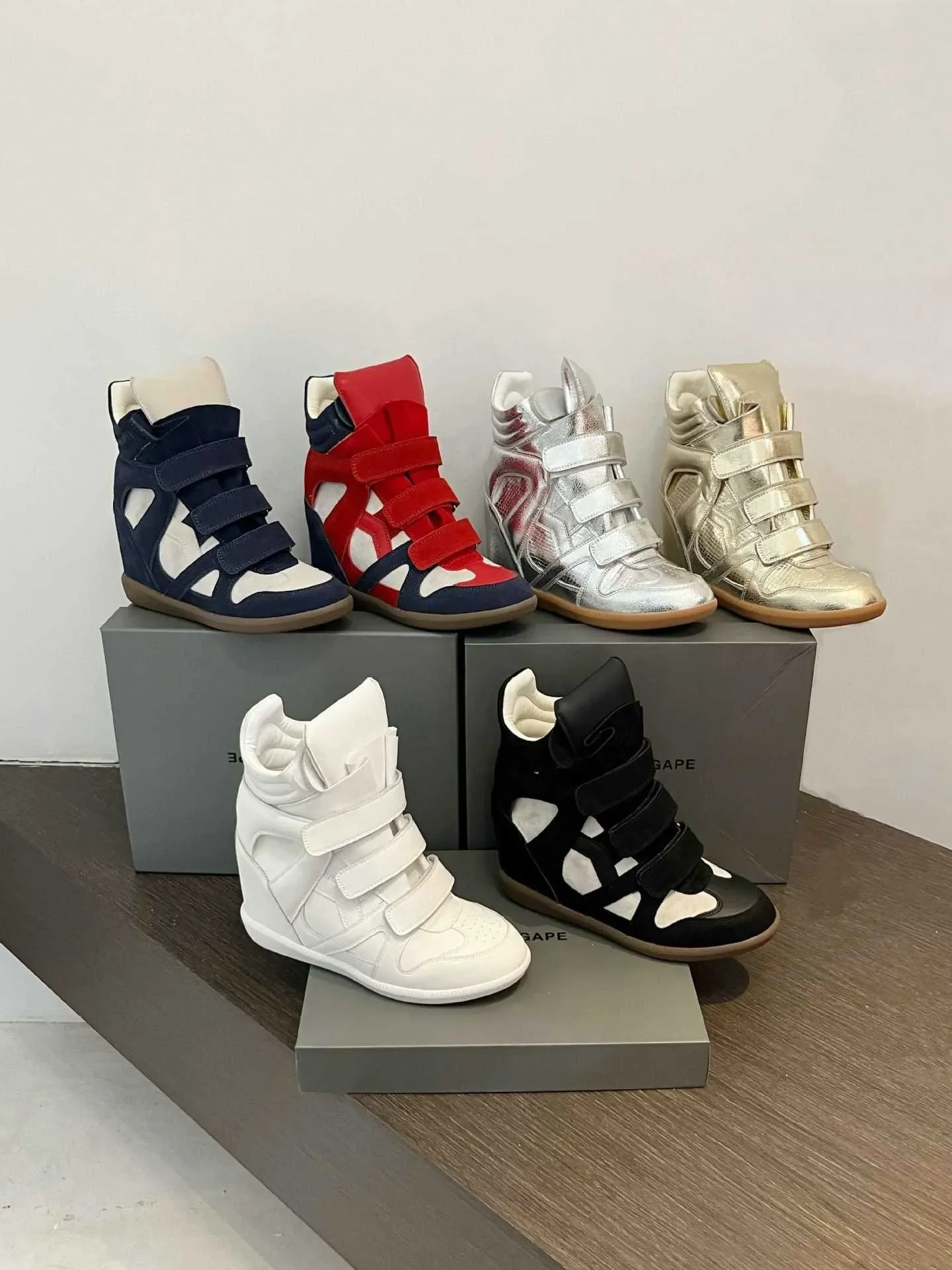 Fall Winter High Top Women's Casual Shoes Thick Bottom Heightening Magic Tape Sports Shoes Fashionable Splice Color Design