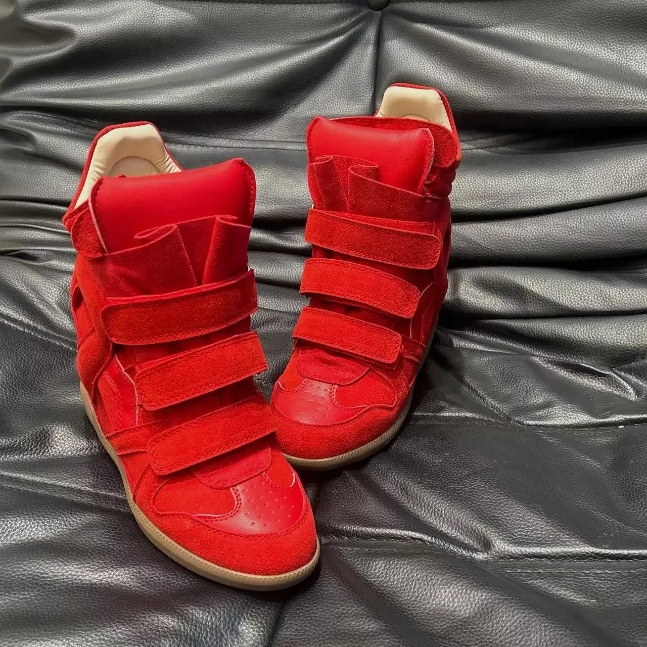 Fall Winter High Top Women's Casual Shoes Thick Bottom Heightening Magic Tape Sports Shoes Fashionable Splice Color Design