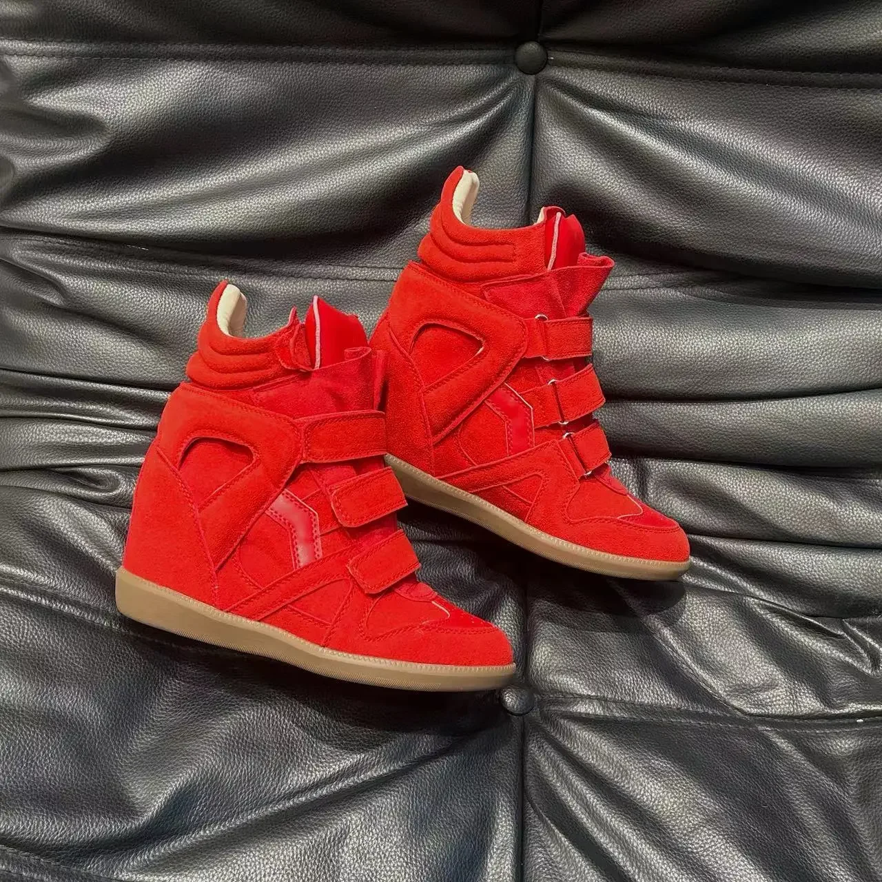 Fall Winter High Top Women's Casual Shoes Thick Bottom Heightening Magic Tape Sports Shoes Fashionable Splice Color Design