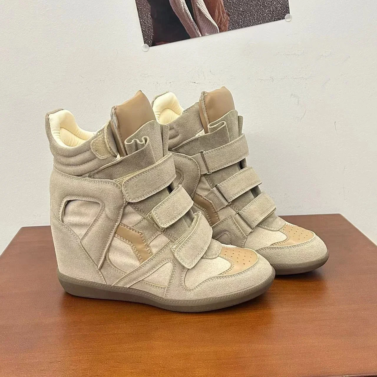 Fall Winter High Top Women's Casual Shoes Thick Bottom Heightening Magic Tape Sports Shoes Fashionable Splice Color Design
