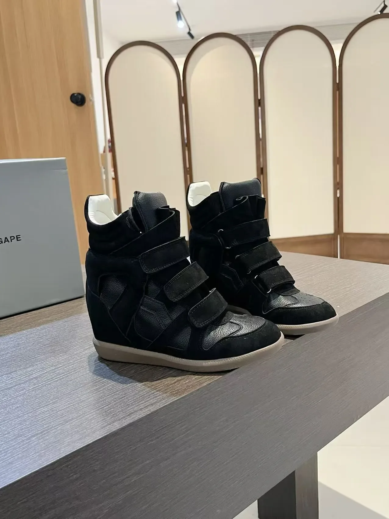 Fall Winter High Top Women's Casual Shoes Thick Bottom Heightening Magic Tape Sports Shoes Fashionable Splice Color Design