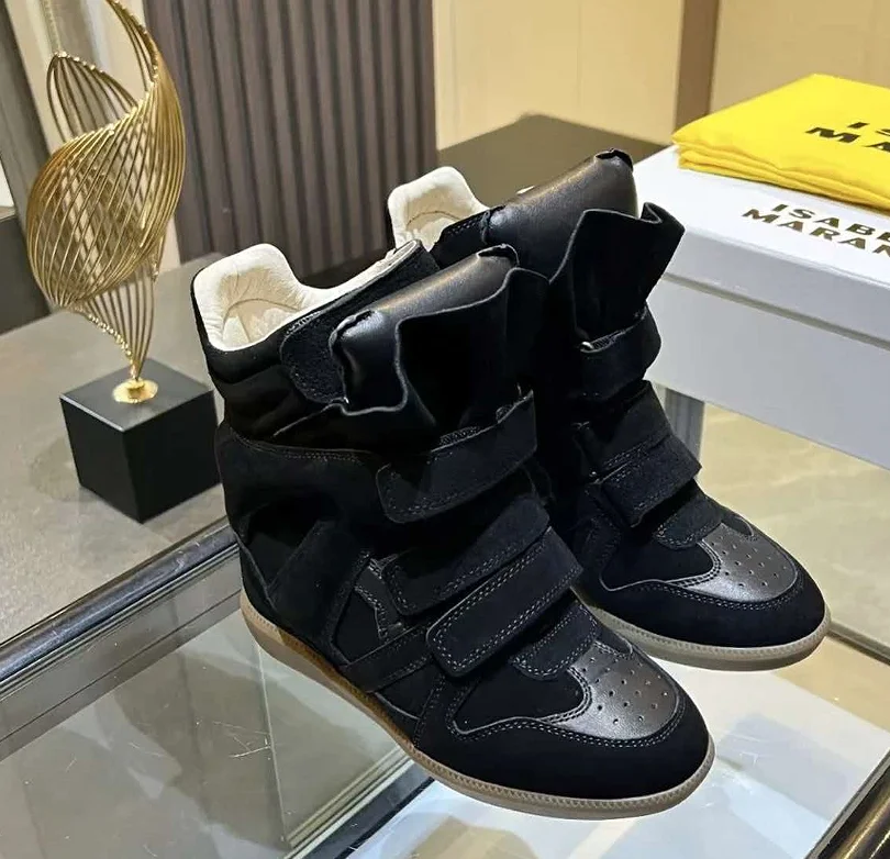 Women's Sneakers New 2026 Autumn Winter Ankle Boots Thick Bottom Leather Casual Shoes Wedge Heels Hook&Loop Sport Shoes