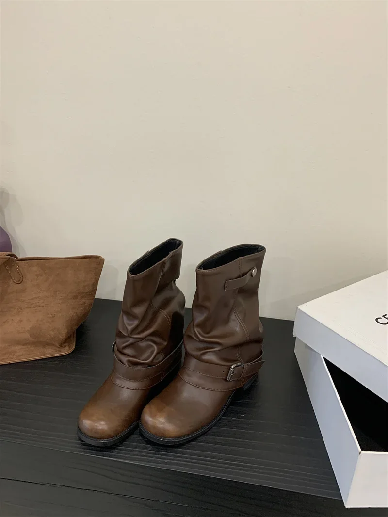 Designer Western Cowboy Women's Short Boots Thick Heel Buckle Ankle Boots for Women Black Knight Boots Botas Feminina сапоги