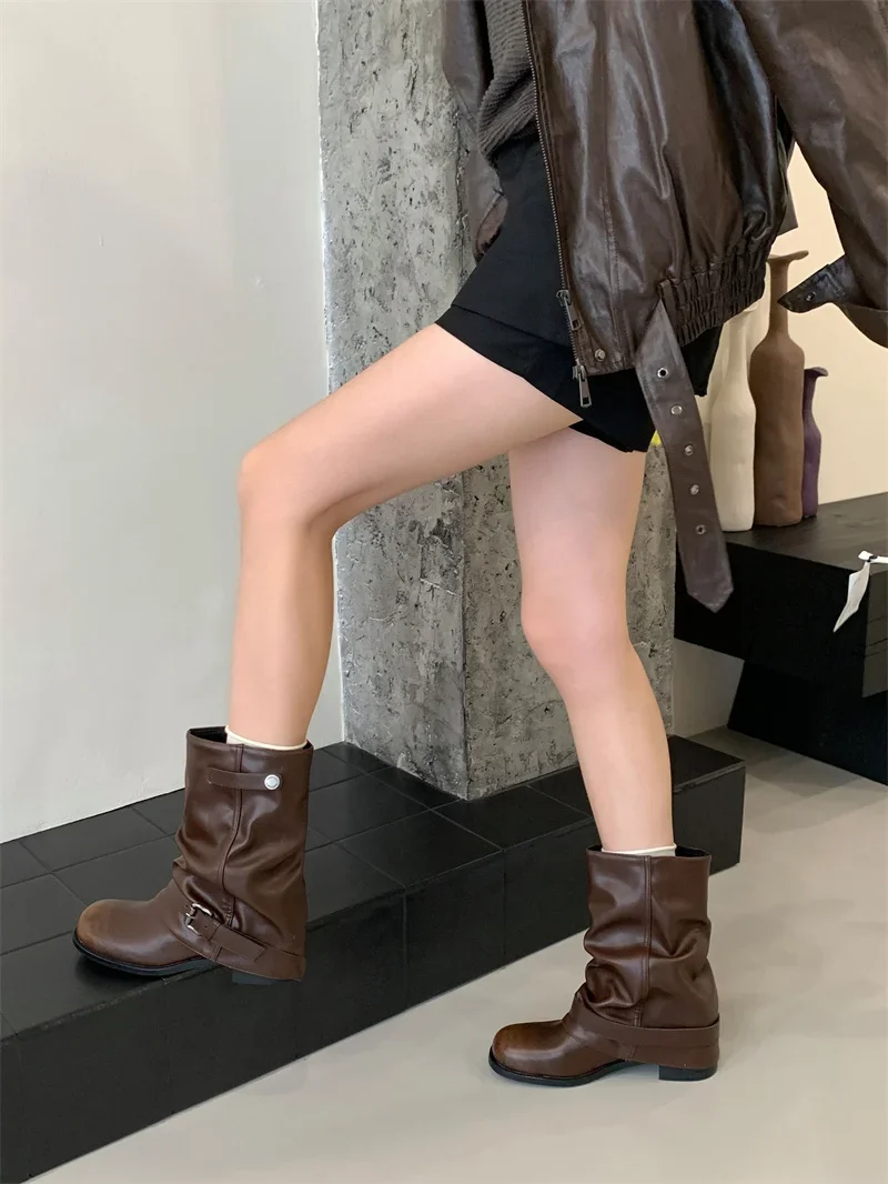 Designer Western Cowboy Women's Short Boots Thick Heel Buckle Ankle Boots for Women Black Knight Boots Botas Feminina сапоги