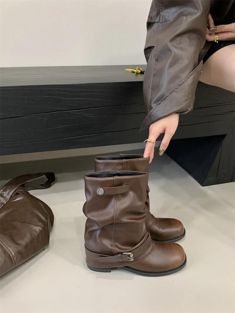 Designer Western Cowboy Women's Short Boots Thick Heel Buckle Ankle Boots for Women Black Knight Boots Botas Feminina сапоги
