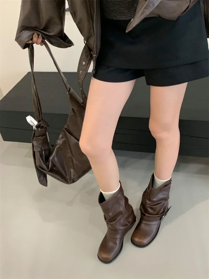 Designer Western Cowboy Women's Short Boots Thick Heel Buckle Ankle Boots for Women Black Knight Boots Botas Feminina сапоги