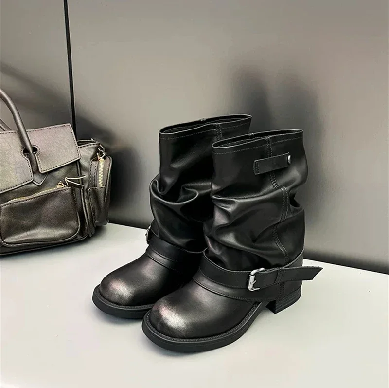 Designer Western Cowboy Women's Short Boots Thick Heel Buckle Ankle Boots for Women Black Knight Boots Botas Feminina сапоги