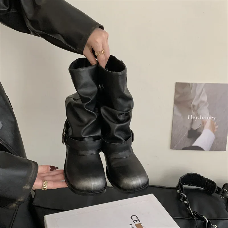 Designer Western Cowboy Women's Short Boots Thick Heel Buckle Ankle Boots for Women Black Knight Boots Botas Feminina сапоги