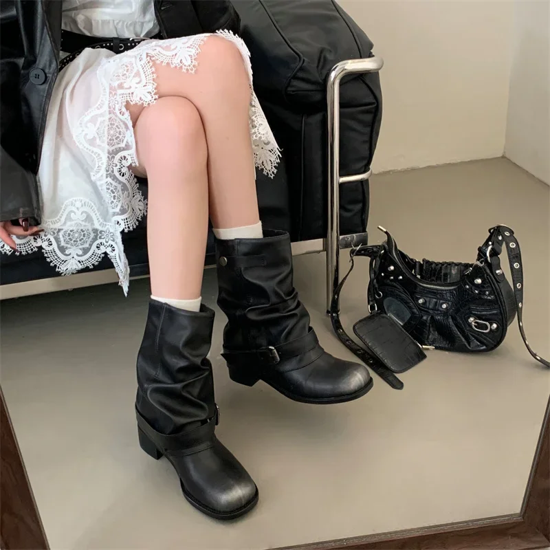Designer Western Cowboy Women's Short Boots Thick Heel Buckle Ankle Boots for Women Black Knight Boots Botas Feminina сапоги