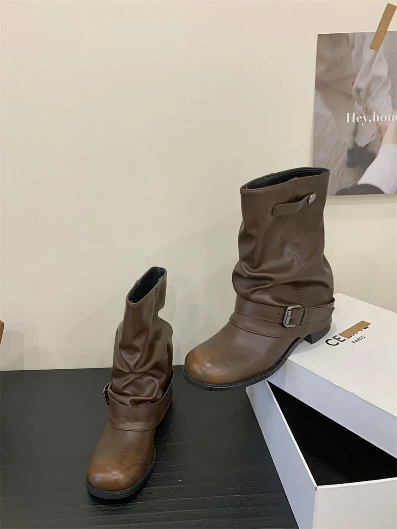 Designer Western Cowboy Women's Short Boots Thick Heel Buckle Ankle Boots for Women Black Knight Boots Botas Feminina сапоги