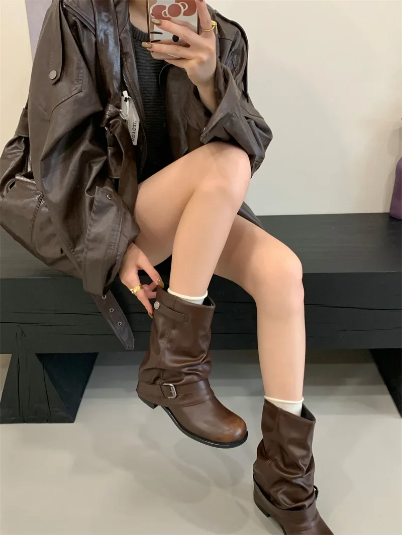 Designer Western Cowboy Women's Short Boots Thick Heel Buckle Ankle Boots for Women Black Knight Boots Botas Feminina сапоги