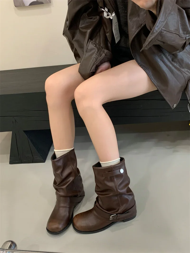 Designer Western Cowboy Women's Short Boots Thick Heel Buckle Ankle Boots for Women Black Knight Boots Botas Feminina сапоги