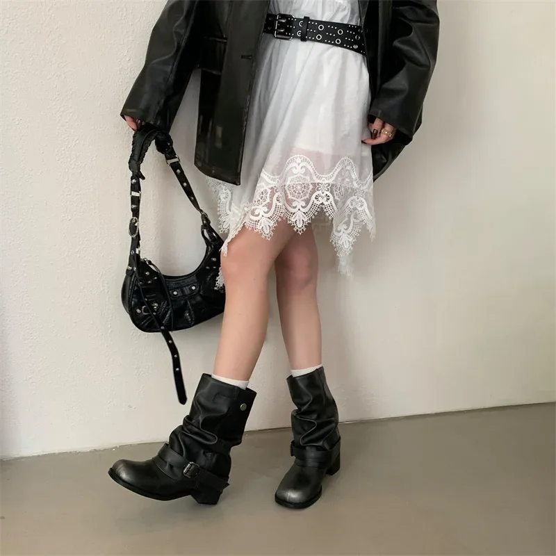 Designer Western Cowboy Women's Short Boots Thick Heel Buckle Ankle Boots for Women Black Knight Boots Botas Feminina сапоги