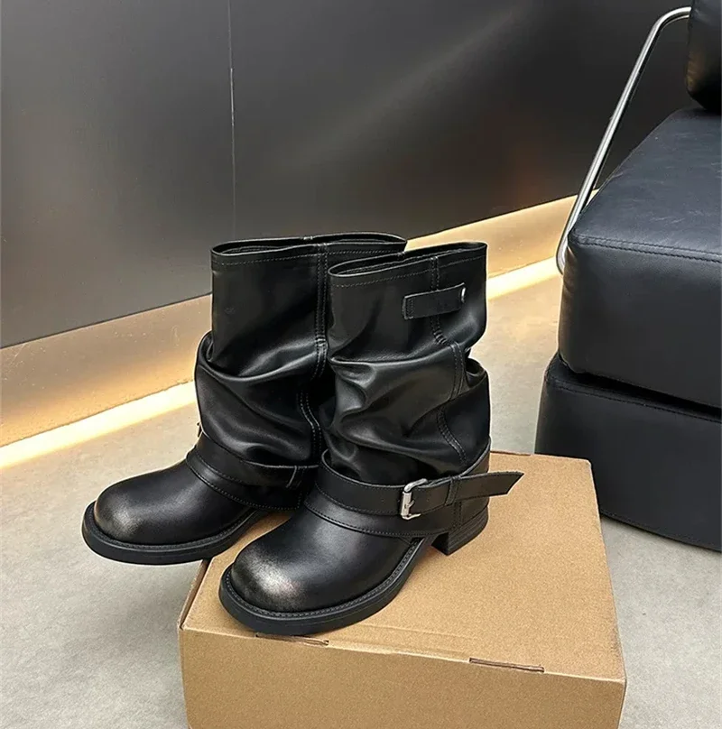 Designer Western Cowboy Women's Short Boots Thick Heel Buckle Ankle Boots for Women Black Knight Boots Botas Feminina сапоги