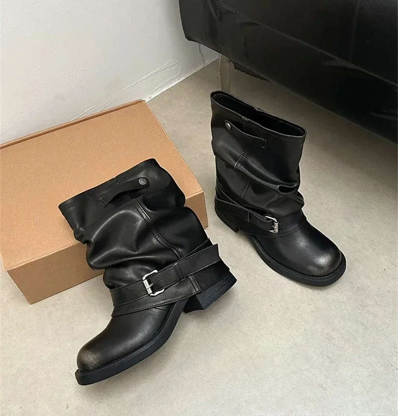 Designer Western Cowboy Women's Short Boots Thick Heel Buckle Ankle Boots for Women Black Knight Boots Botas Feminina сапоги
