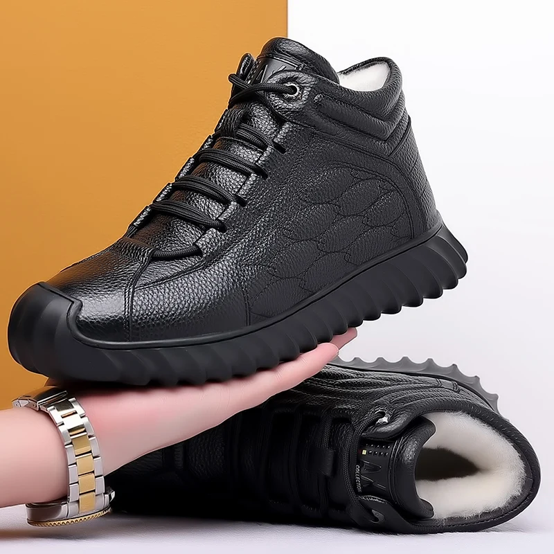 DIMANYU Men Genuine Leather Winter Snow Boots Warm High‑Top Men Casual Boots Non‑Slip Lace‑Up Male Ankle Booots Footwear