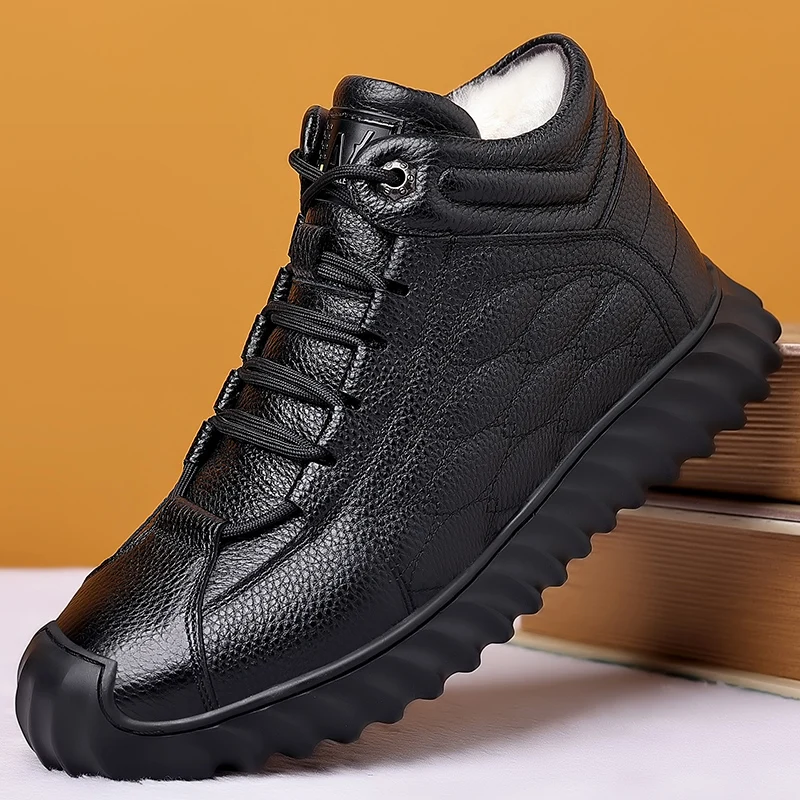 DIMANYU Men Genuine Leather Winter Snow Boots Warm High‑Top Men Casual Boots Non‑Slip Lace‑Up Male Ankle Booots Footwear