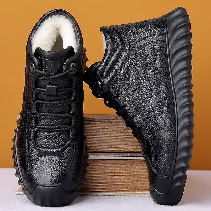 DIMANYU Men Genuine Leather Winter Snow Boots Warm High‑Top Men Casual Boots Non‑Slip Lace‑Up Male Ankle Booots Footwear