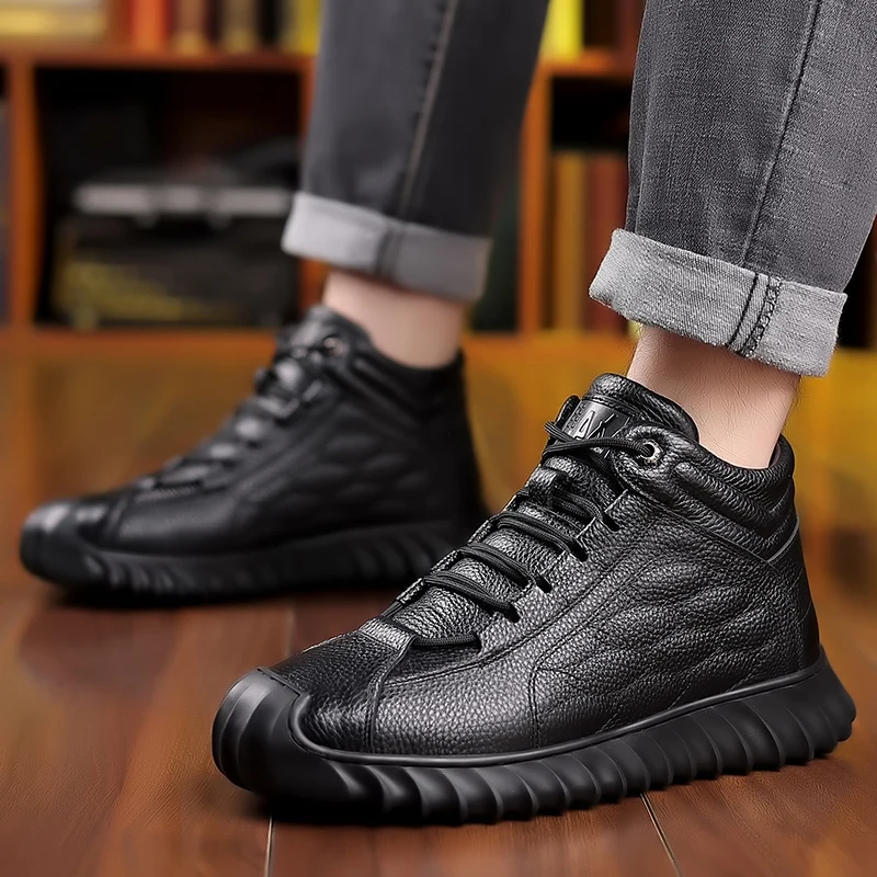 DIMANYU Men Genuine Leather Winter Snow Boots Warm High‑Top Men Casual Boots Non‑Slip Lace‑Up Male Ankle Booots Footwear