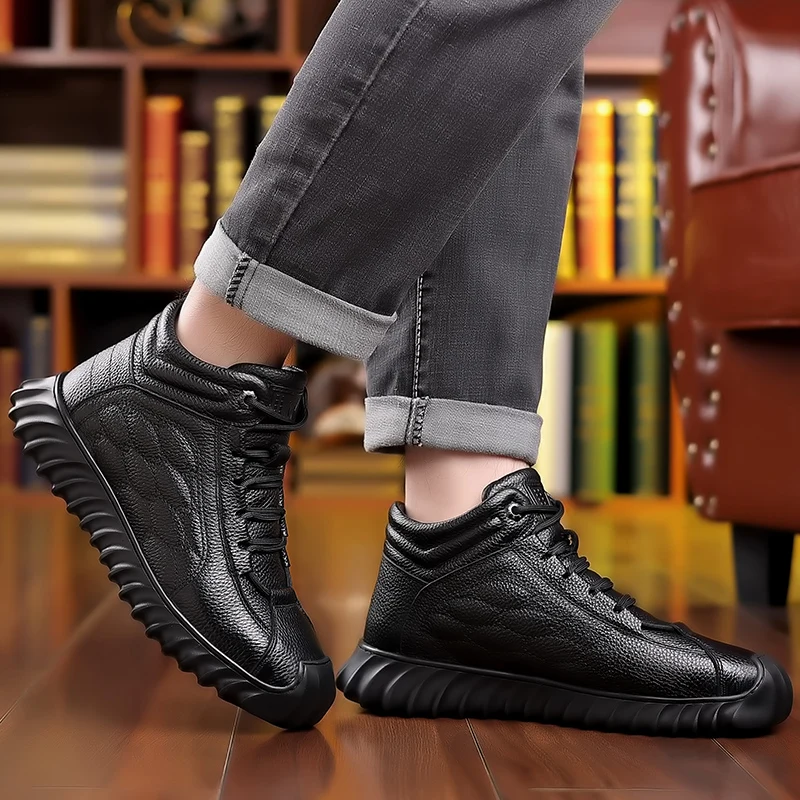 DIMANYU Men Genuine Leather Winter Snow Boots Warm High‑Top Men Casual Boots Non‑Slip Lace‑Up Male Ankle Booots Footwear