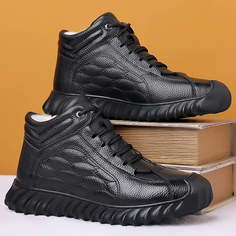 DIMANYU Men Genuine Leather Winter Snow Boots Warm High‑Top Men Casual Boots Non‑Slip Lace‑Up Male Ankle Booots Footwear