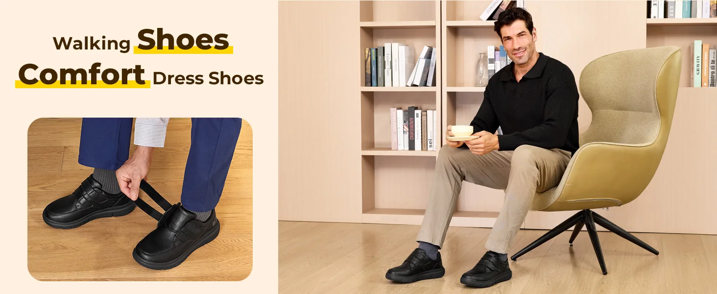 FitVille Men's Wide Walking Shoes Hook and Loop Comfortable Leather Business Shoes Orthopedic Diabetic Shoes for Swollen Feet