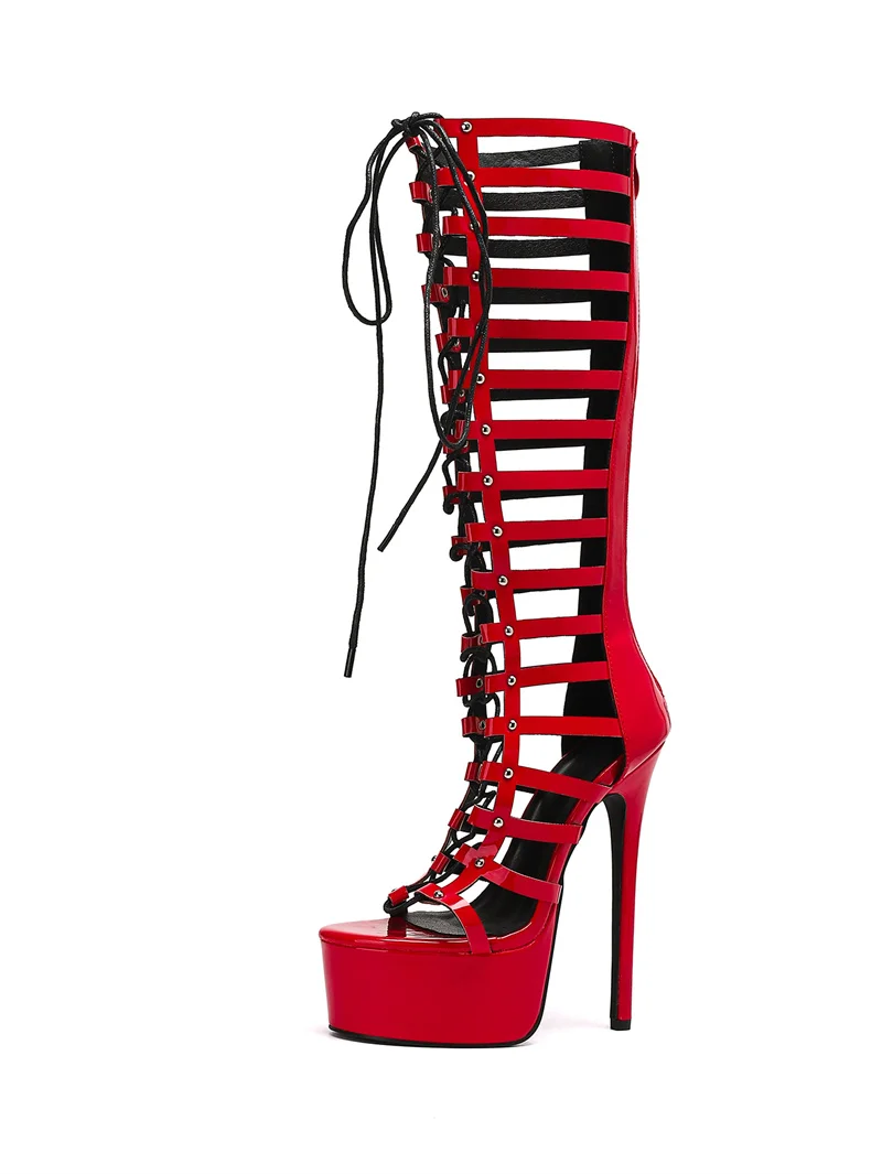 Liyke Fashion Hollow Out Cross Strap Knee High Boots Women Sandal Zip Sexy Peep Toe Platform Heels Shoes Female Red Long Booties