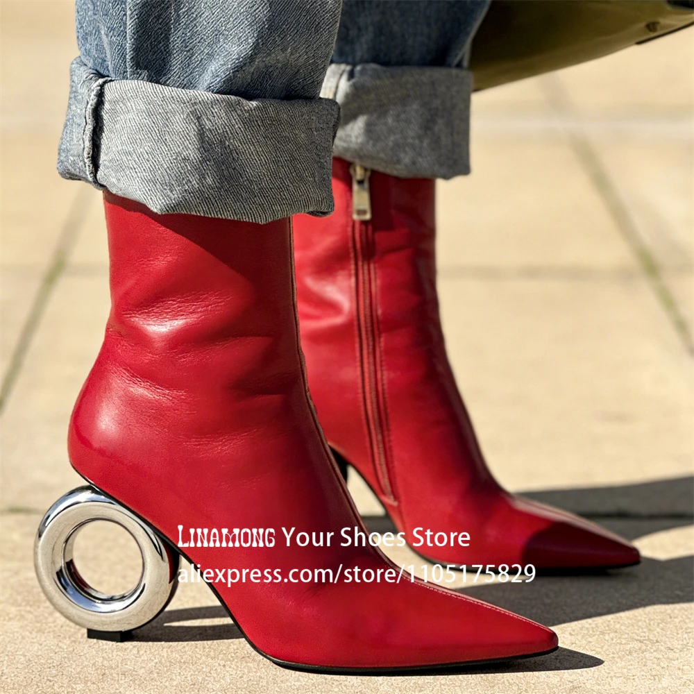 Metal Circle Heel Booties Novelty Designer Style Pointed Ankle Boots Full Length Inner Zipper Fashion Women Boots Custom Colors