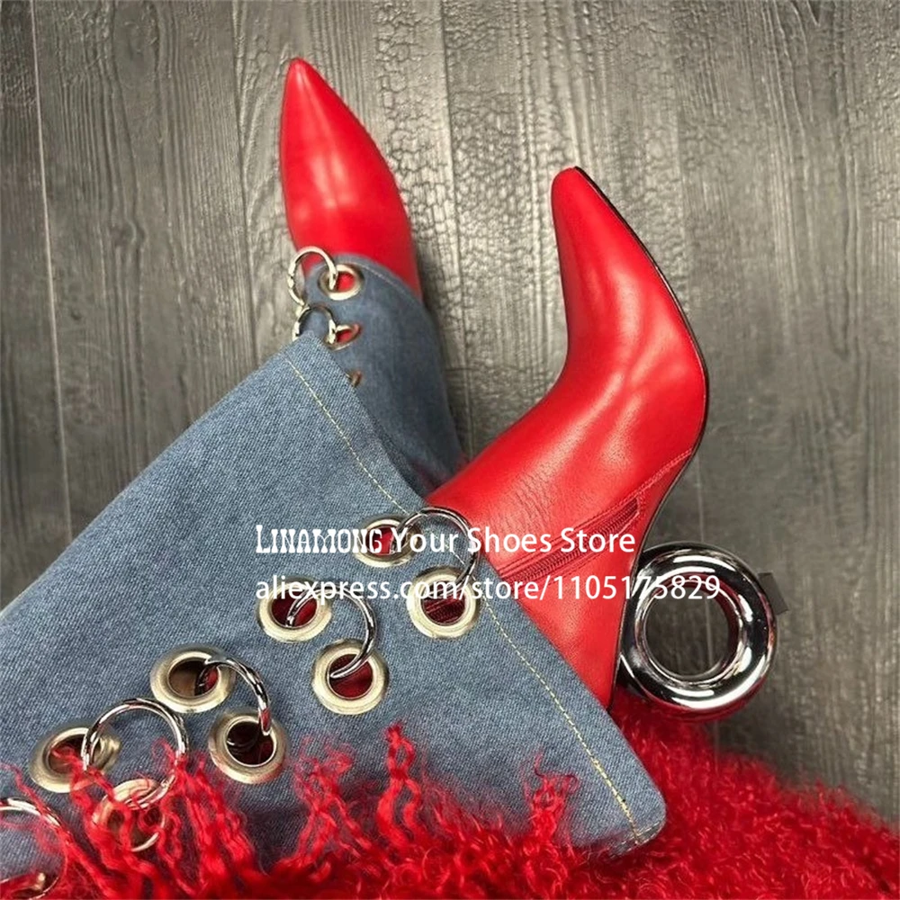 Metal Circle Heel Booties Novelty Designer Style Pointed Ankle Boots Full Length Inner Zipper Fashion Women Boots Custom Colors