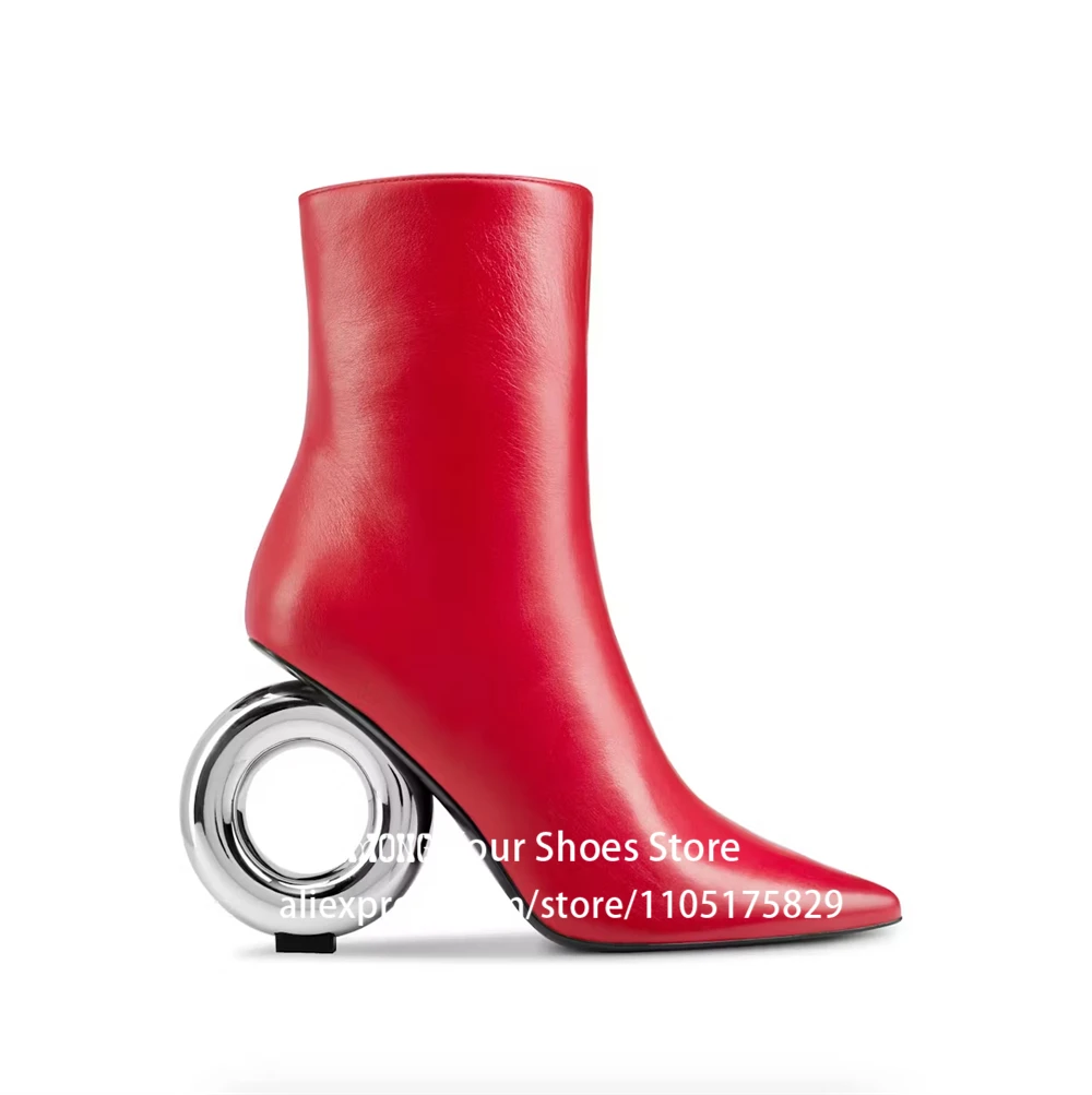 Metal Circle Heel Booties Novelty Designer Style Pointed Ankle Boots Full Length Inner Zipper Fashion Women Boots Custom Colors