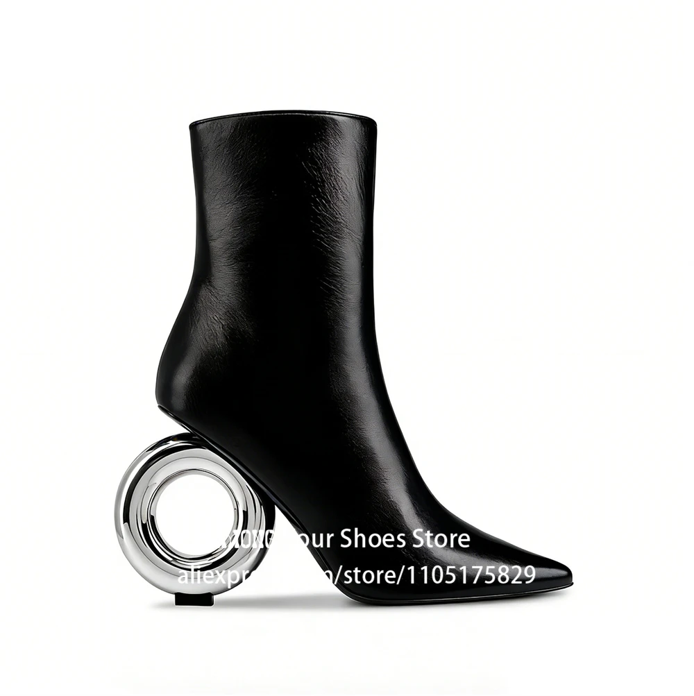 Metal Circle Heel Booties Novelty Designer Style Pointed Ankle Boots Full Length Inner Zipper Fashion Women Boots Custom Colors