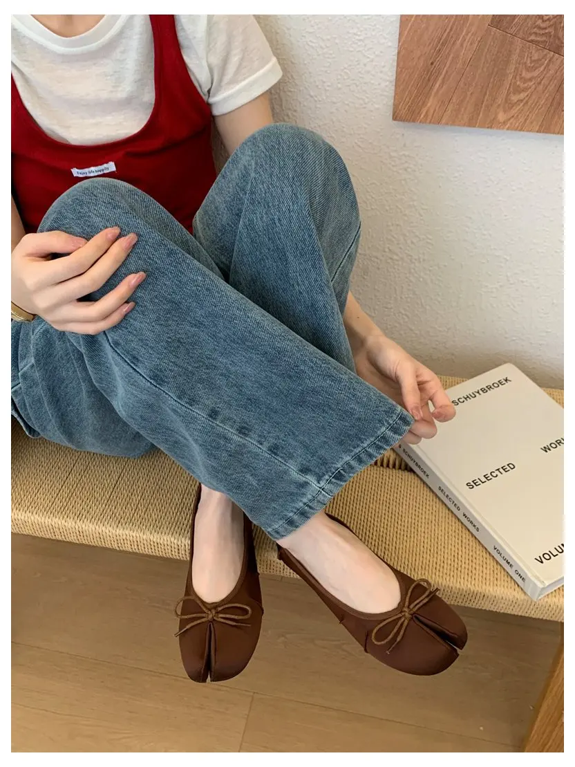 2026 Fashion Woman Flats Split Toe Tabi Shoes Bow Knot Ballet Dress Ballerina Comfortable Retro Mary Janes Shoes Footwear Mujer