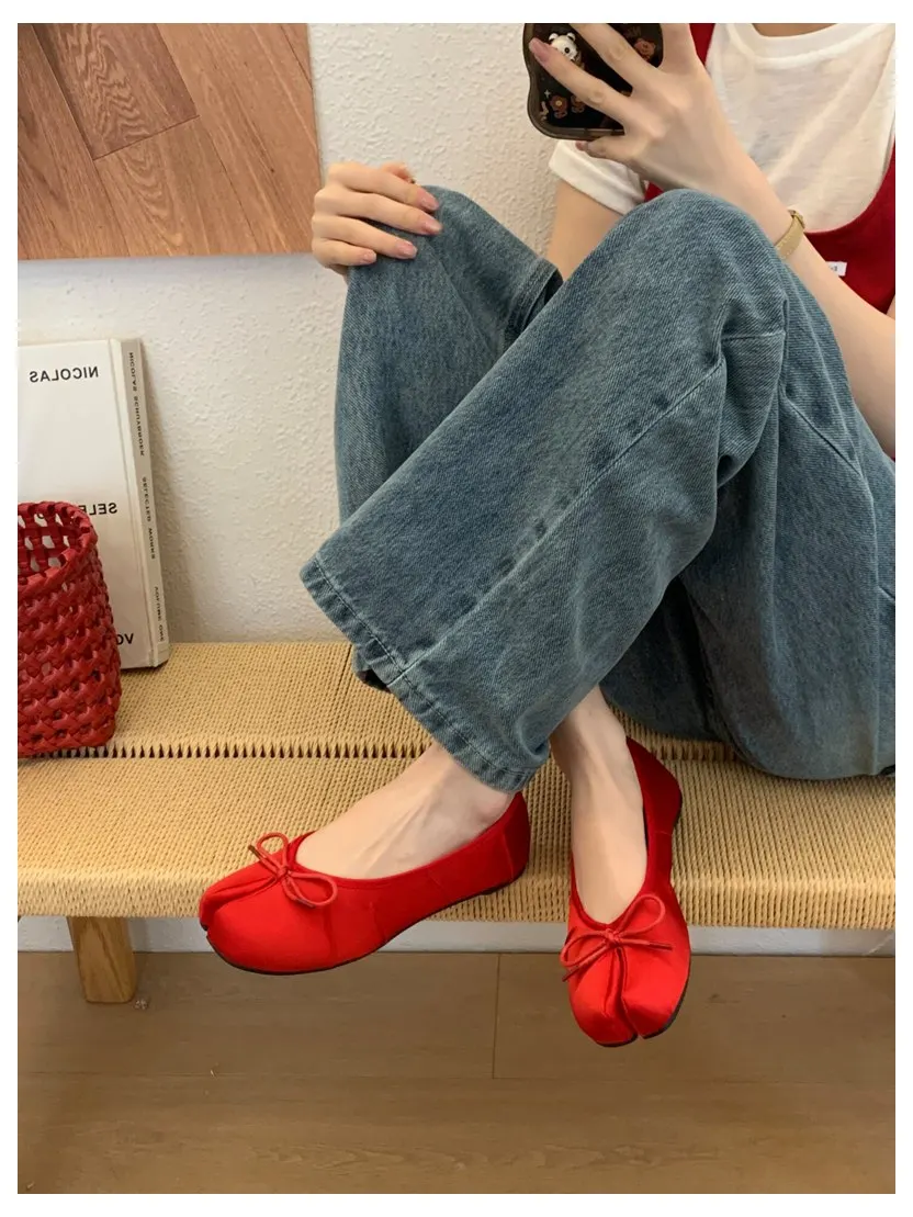 2026 Fashion Woman Flats Split Toe Tabi Shoes Bow Knot Ballet Dress Ballerina Comfortable Retro Mary Janes Shoes Footwear Mujer