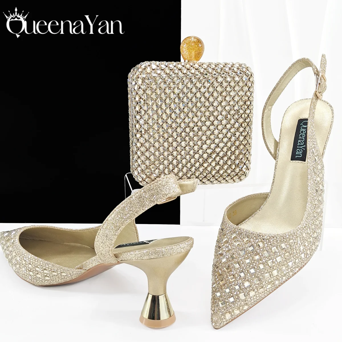 Queena Yan Glamorous Silver Color Occasions Party Wedding Lady Shoes and Bag Set In Stock Elegant Heels with Matching Purse