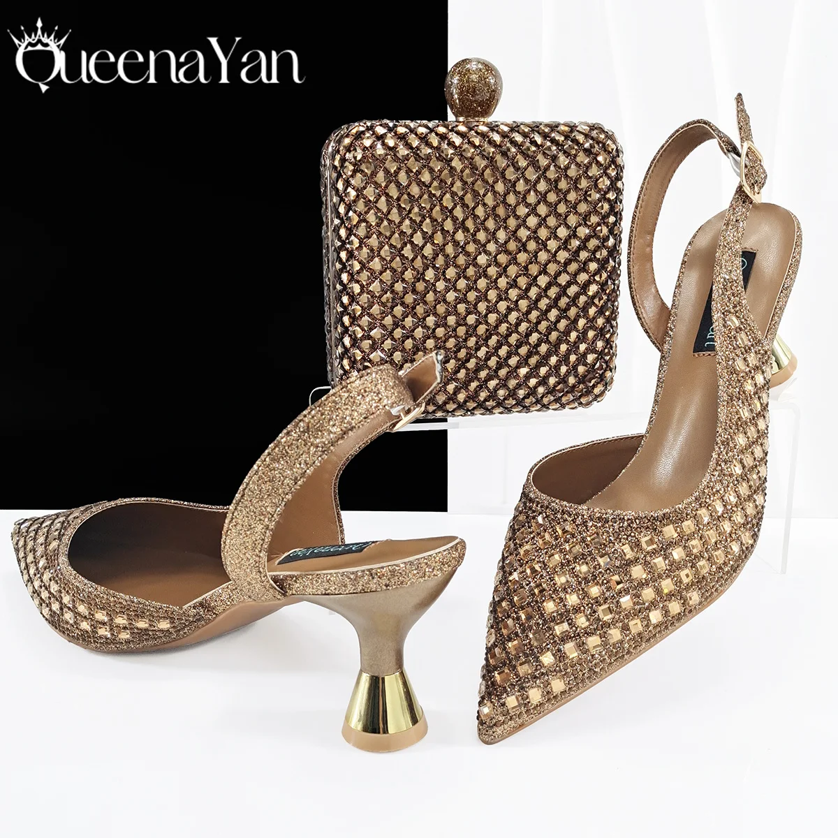 Queena Yan Glamorous Silver Color Occasions Party Wedding Lady Shoes and Bag Set In Stock Elegant Heels with Matching Purse