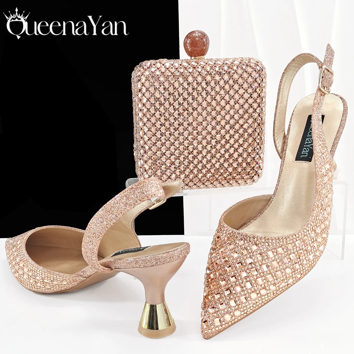Queena Yan Glamorous Silver Color Occasions Party Wedding Lady Shoes and Bag Set In Stock Elegant Heels with Matching Purse