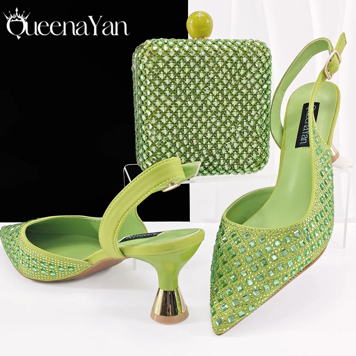 Queena Yan Glamorous Silver Color Occasions Party Wedding Lady Shoes and Bag Set In Stock Elegant Heels with Matching Purse