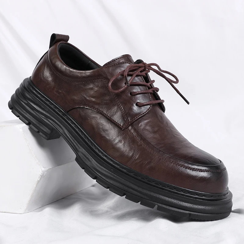 Spring New Lace Up Oxford Shoes High-quality Men's Comfortable Genuine Leather British Thick Soled Business Dress Leather Shoes