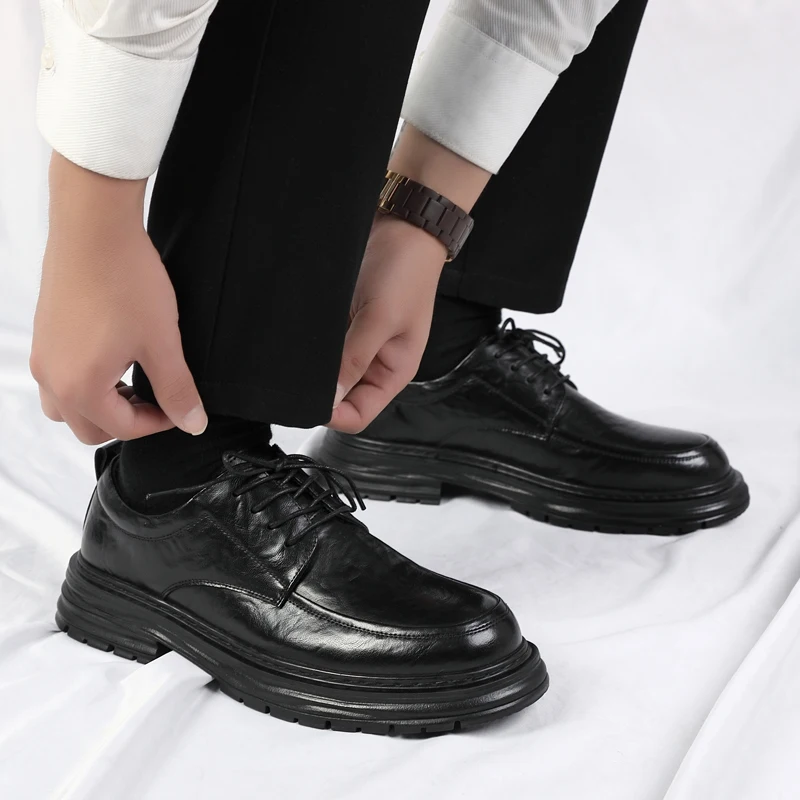 Spring New Lace Up Oxford Shoes High-quality Men's Comfortable Genuine Leather British Thick Soled Business Dress Leather Shoes