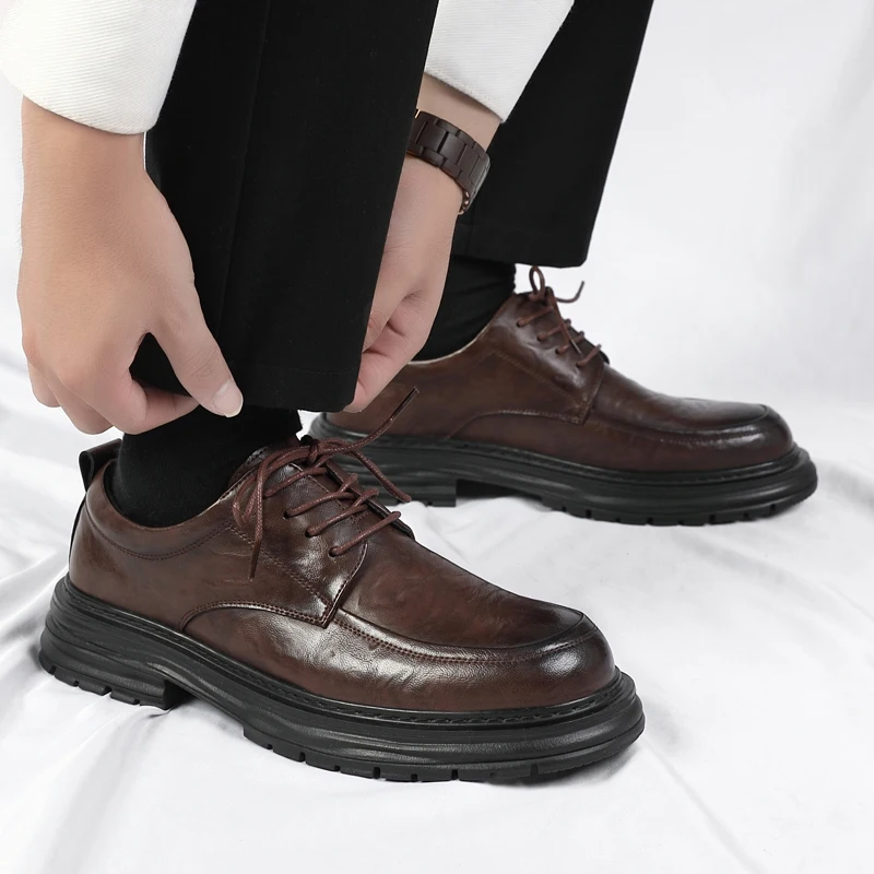 Spring New Lace Up Oxford Shoes High-quality Men's Comfortable Genuine Leather British Thick Soled Business Dress Leather Shoes